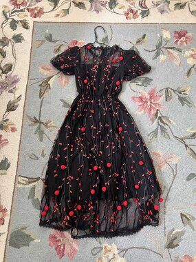 Darkrose Black Mesh Dress Red Pom Pom Embroidered Girls Size 8-10